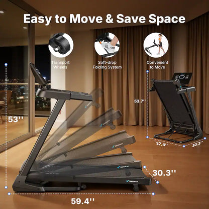 T33 Folding Incline Treadmill 15% Auto, 19"x47" Wide Belt, 10MPH, Bluetooth Speaker