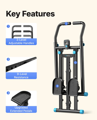 Stair Stepper/Climber with Extended Anti-Slip Pedals, 3-Height Adjustable Handlebars &amp; 150kg Capacity